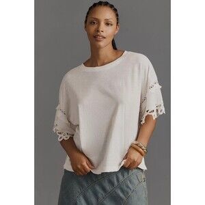 By Anthrpologie Pilcro Heritage Lace-Trim Tee Blouse Top Cotton L New 284812